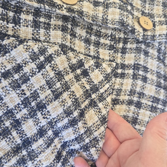 Zara Tweed Plaid Cropped Jacket Button Up Collared Navy Cream Frayed Hem Small - Picture 11 of 16